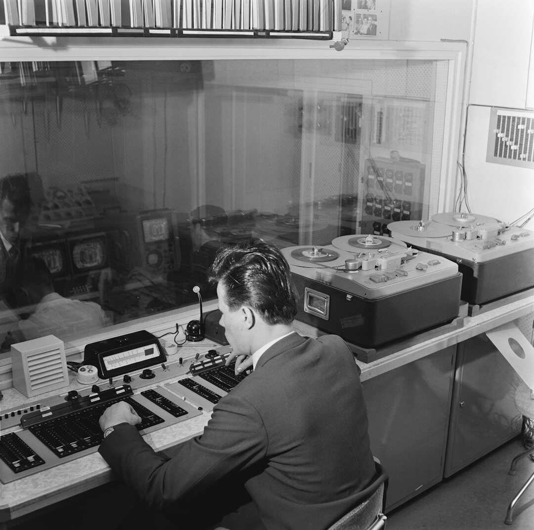 Finnish male broadcast director in a control room