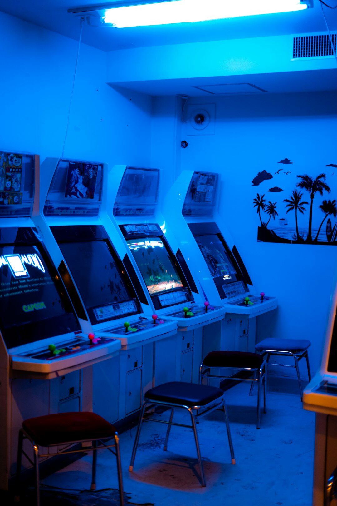 Television control room with multiple video monitors and a switcher panel